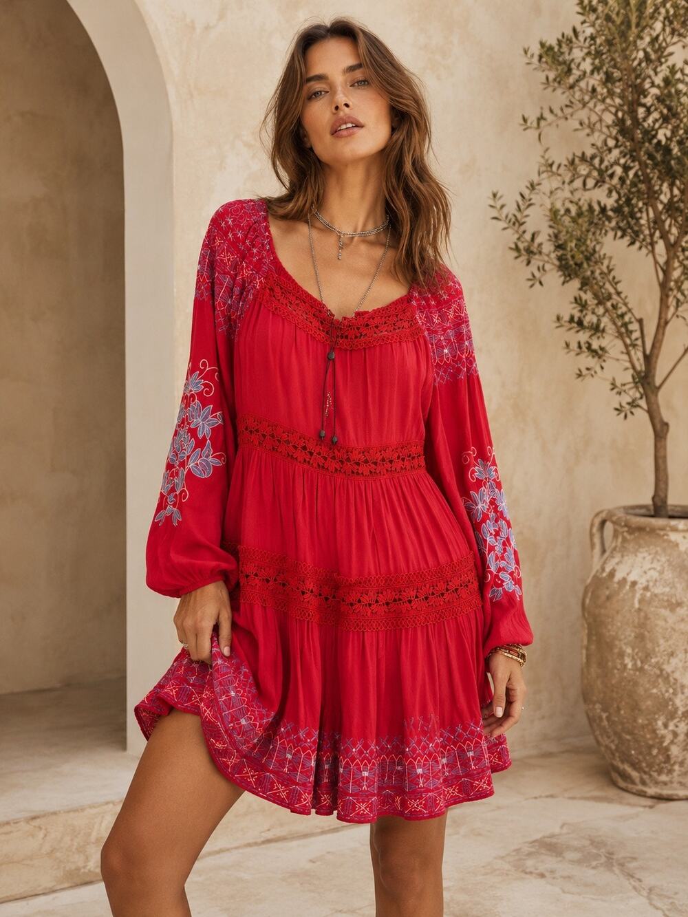 NWT Hale Bob Womens XS Embroidered Boho Peasant Mini Dress Long Sleeve Tiered